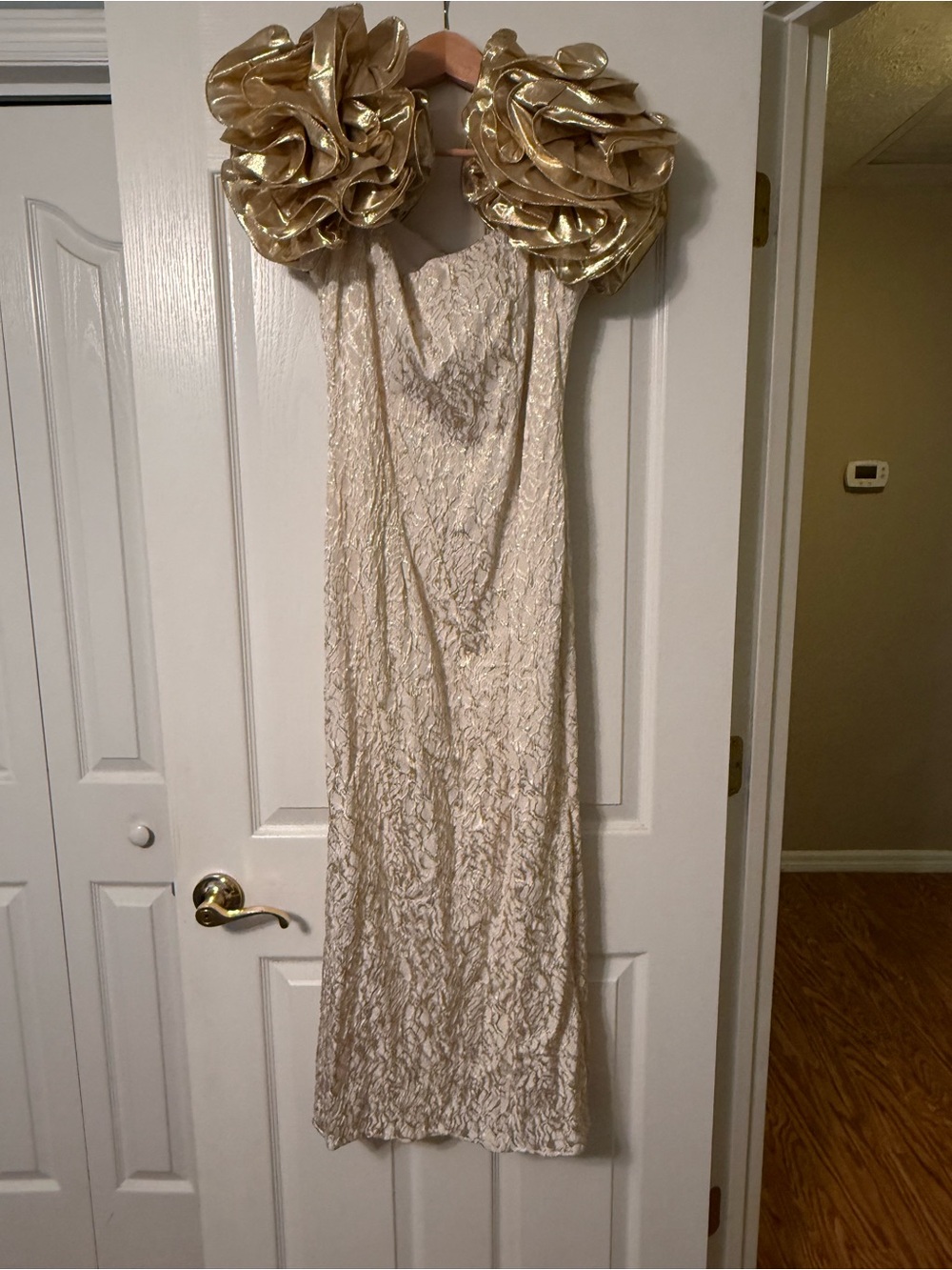 Vtg 80s Flirtations Alfred Angelo Gold Lamé Brocade Puff Sleeve Gown Union Made